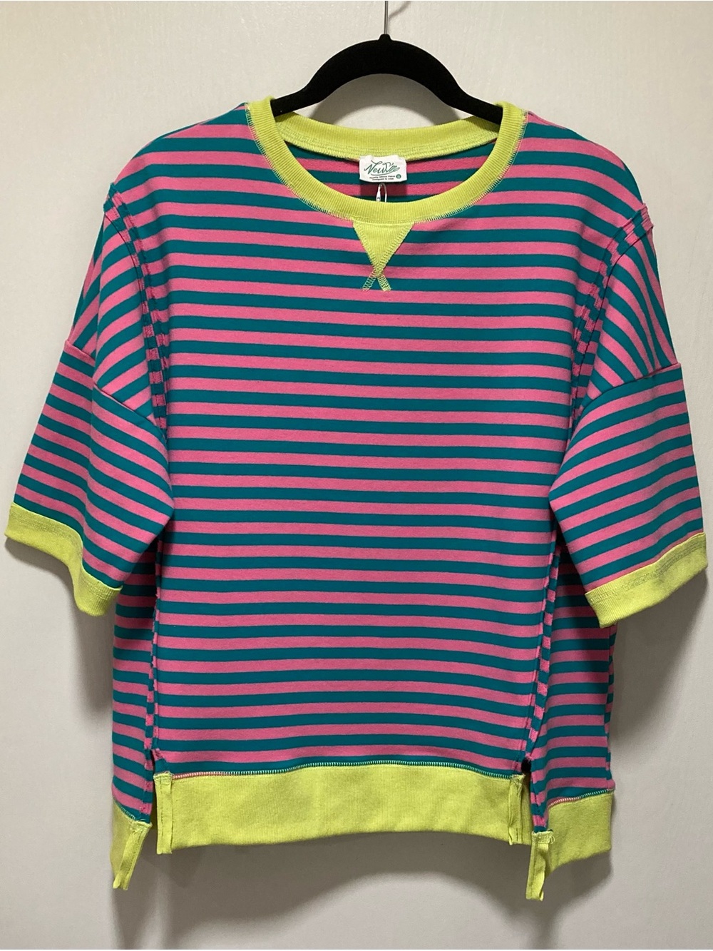 Very J Short-Sleeve Top in Pink & Teal with Neon Yellow Trim